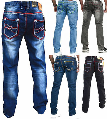 Herren Jeans Hose Denim KC-Black Washed Straight Cut Regular Dicke Naht  nähte