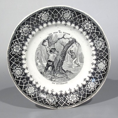 Antique French Creil & Montereau Porcelain Plate, France, Village, Lumberjacks