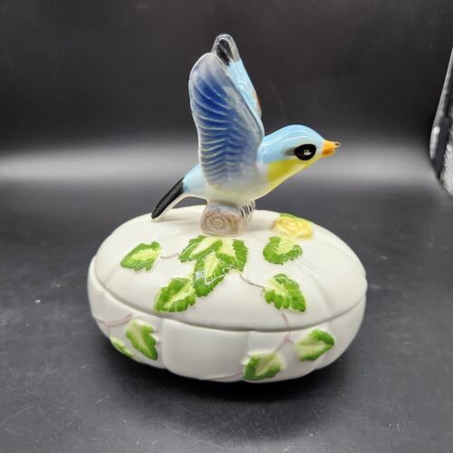 Beautiful 'Semco' Blue Bird On Floral Egg Covered Box Ceramic Vintage - Picture 2 of 9