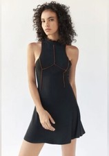 NEW UO Urban Outfitters Deja Seamed Ribbed Mini Jersey Dress Black Cutout Back S