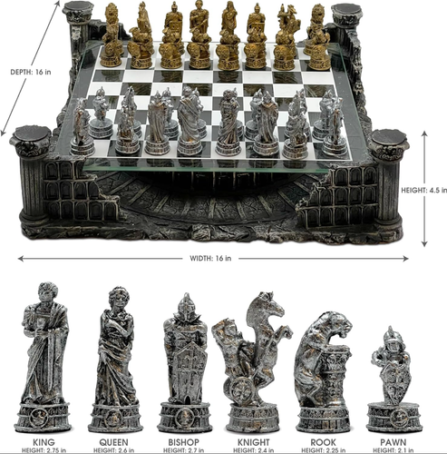 13.5" Roman Gladiator Chess Set, Pewter Metal Pieces, Glass Board - Picture 2 of 4