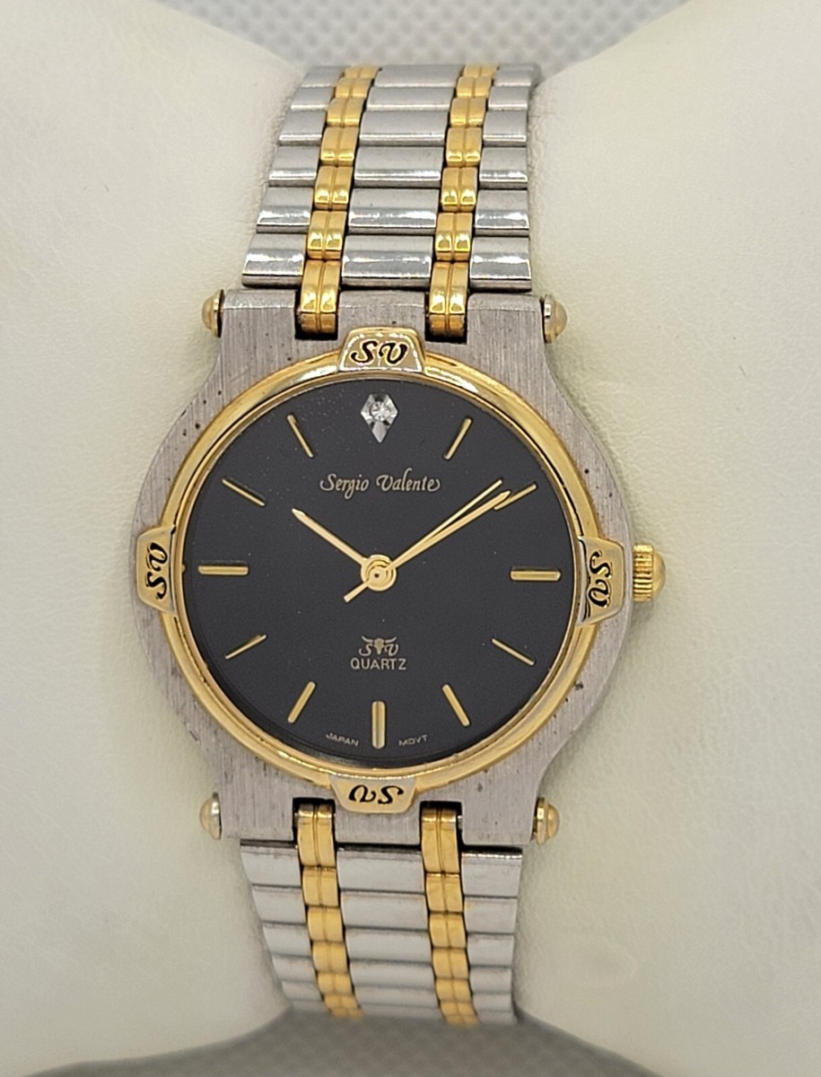 Mens Sergio Valente SV Silver Gold Tone Black Dial Link Bracelet