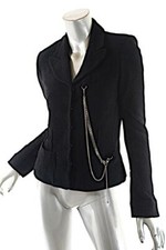 SONIA RYKIEL Paris Black Wool Blend Fine Boucle Silver Chain Motif Jacket 38 US8