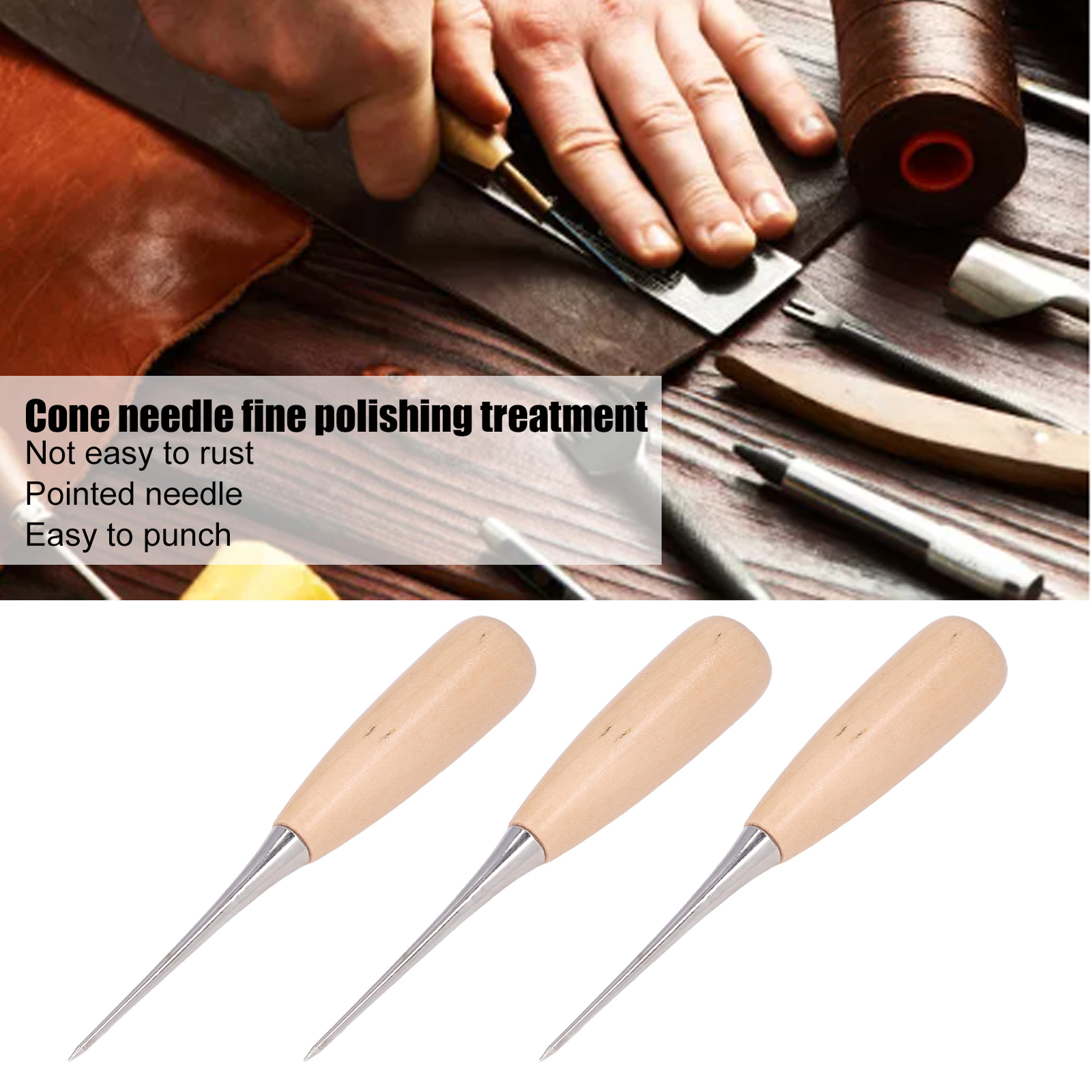 3Pcs DIY Leather Awl Pine Wood Tool Steel Hole Maker Awls Punch Hole