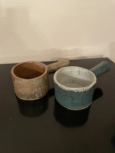 Two Soup Cereal Bowls Mugs Stoneware Art Pottery Signed Handmade w/ Handle