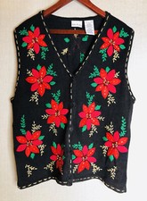 Bobbie Brooks Christmas Poinsettia Vest Size L Green Red and Black Beaded