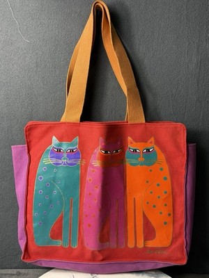Vintage Laurel Burch Canvas Cat Tote Bag Red Purple Orange Art Fabric Shoulder