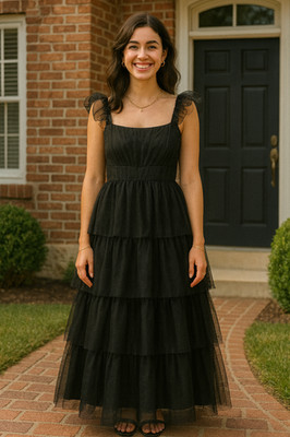 Lulus Size L Tulle For Love Black Mesh Tulle Tiered Ruffled Maxi Dress Formal