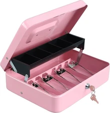 Large Steel Cash Box Safe Chest Key Lock Money Document Cash Jewelry Pink