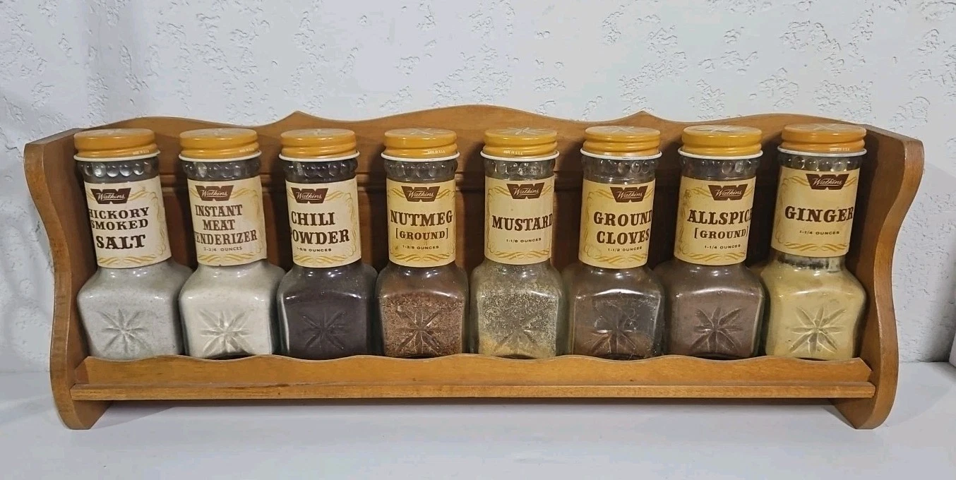 Vintage 70's Watkins Wood Spice Rack w/8 Original Spice Containers For Display