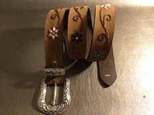 NOCONA Brown Leather Floral Stitched Belt Silver Rhinestone Buckle Size Large