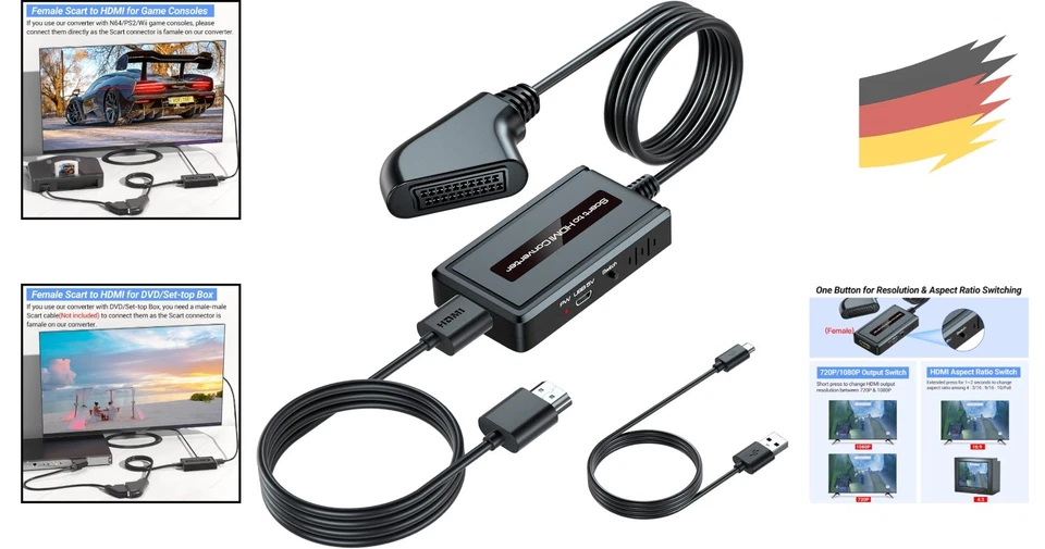 Scart auf HDMI Konverter weiblich 720p 1080p HDMI Vollseitenverhältnis - Bild 2 von 4