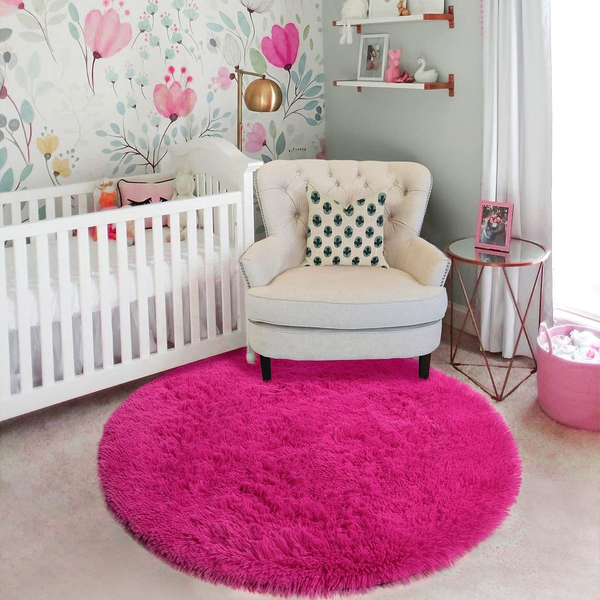 Hot Pink Round Rug 4Ft for Girls Bedroom, Fluffy Circle Area Rugs