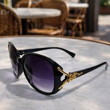 Oversized Round Black Sunglasses Gold Sculptural Temple Purple Gradient Lens