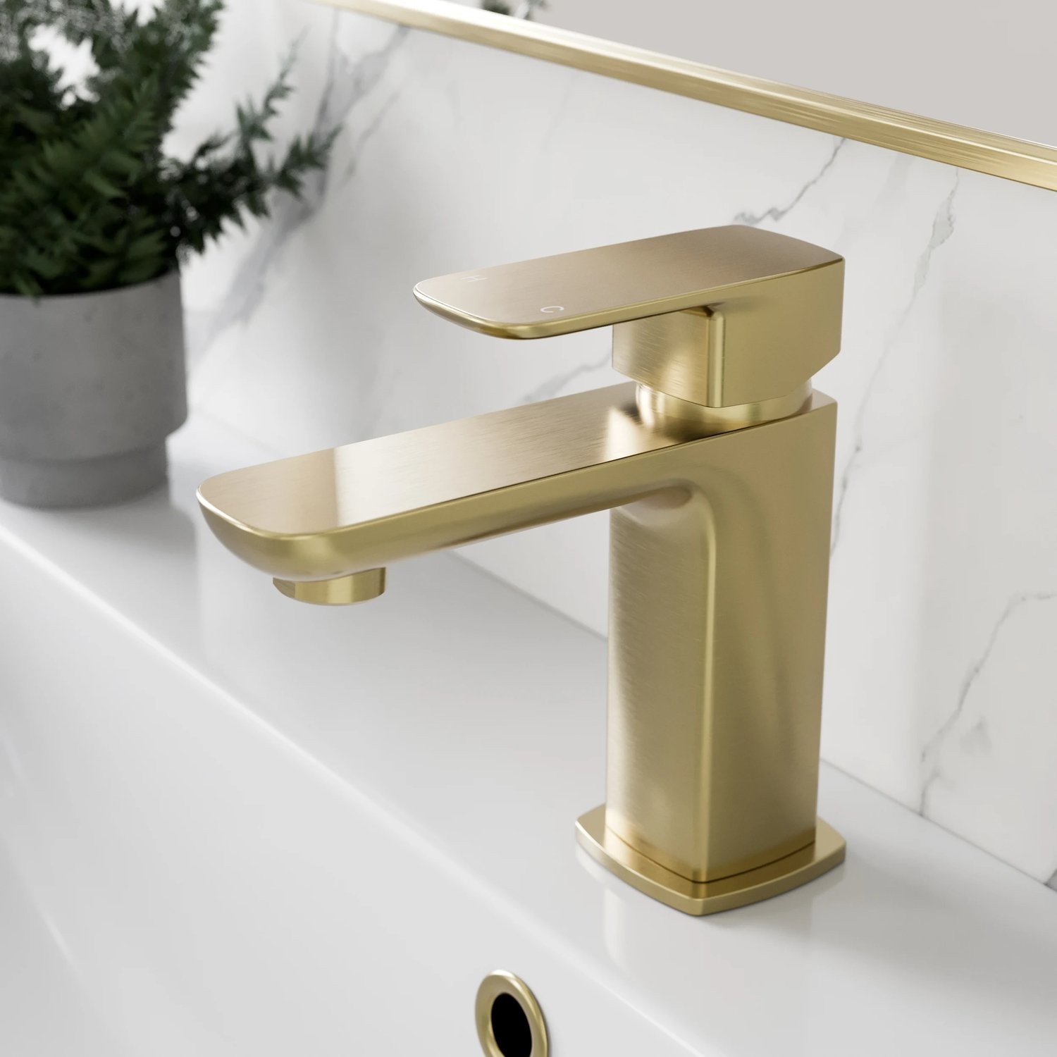 Bathroom Cloakroom Basin Mixer Tap Square Single Lever Handle Brushed Brass