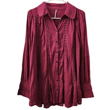 Free People Embroidered Button Down Shirt S Burgundy Oversized Retro Boho Chic