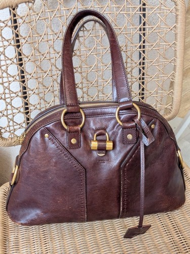 Yves Saint Laurent 156464 Muse Handbag Brown Leather Gold Dome Bag Purse YSL