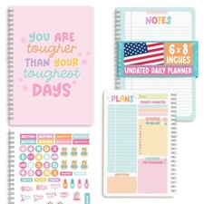 Undated Daily Planner Notebook - 5.8 x 8.3 inches, Doodle Pink Stars