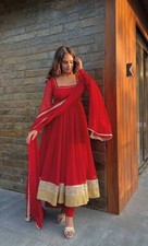 Designer Red Faux Blooming Gown Bottom With Dupatta For Party Outfit