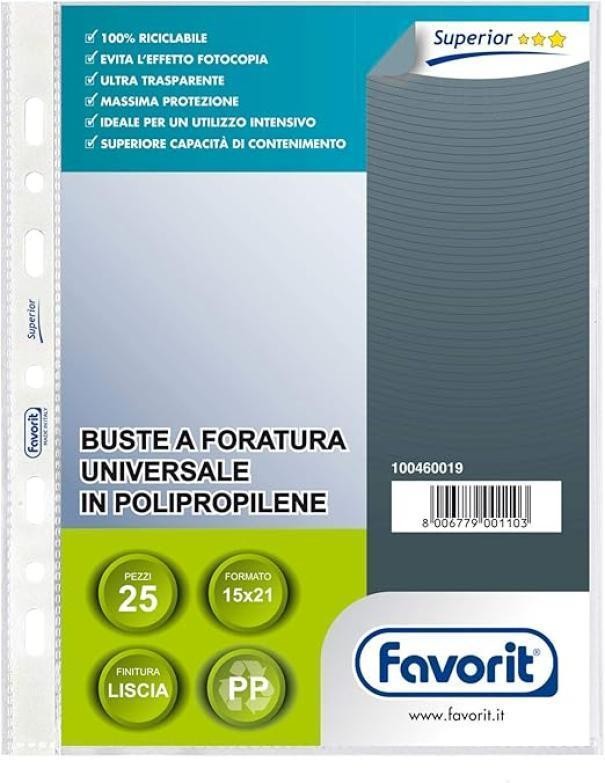 Favorit – Buste A Foratura Universale Trasparenti Superior A5, 25 Pezzi