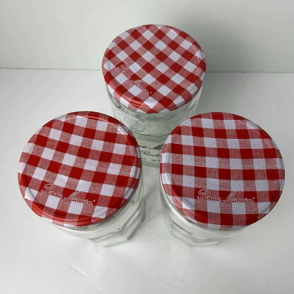 Lote de 3 tarros de gelatina de mermelada de vidrio vacíos Bonne Maman 36 oz con tapas de tornillo a cuadros rojo blanco Foto 3 de 4