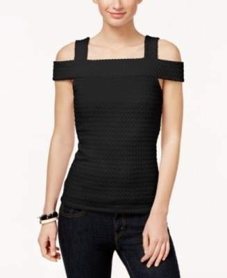 Michael Michael Kors R2513 Womens Petite Textured Cold-Shoulder Top, Black, S