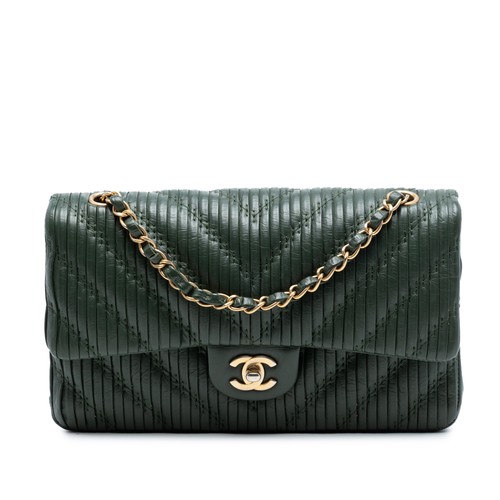 Chanel Medium Classic Chevron Calfskin Pleated Double Flap Shoulder Bag