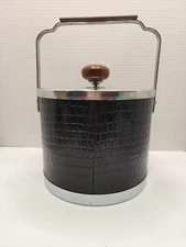 MID CENTURY ICE BUCKET, BLACK ATAPCO ICE BUCKET, CHROME/WOOD HANDLE, Faux GATOR