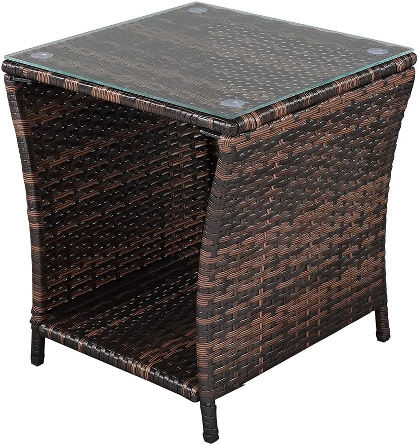 Ochine Outdoor Side Table Wicker Rattan Side Table, Square Patio Coffee Bistro T