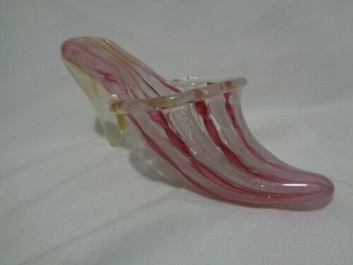 Murano Venetian Art Glass Pink Latticino Ribbon Slipper Saviati Gold Flecks - Picture 4 of 12