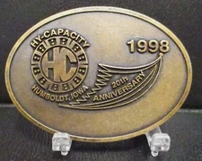 Hy-Capacity HC Humbolt Iowa 20th Anniversary 1998 Brass Collectible Belt Buckle