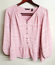H By Halston Women's Striped Button Front Top With Blouson Sleeves PINK AZALEA 2