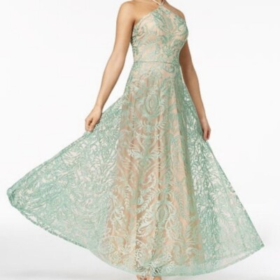 dress with embroidered sleeves Sage Green Prom Dresses Two Piece Lace Embroidery Beaded Halter Formal –  formalgowns main image 0