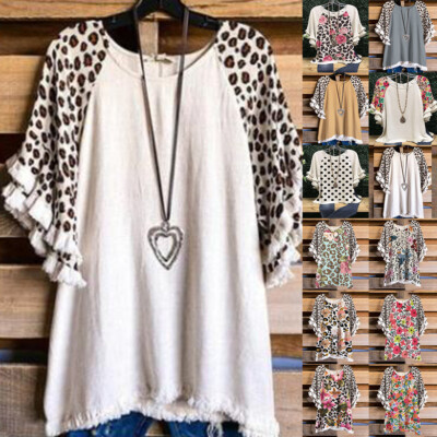 Frauen Leopard Patchwork Tunika Tops Casual Baggy T-Shirt Bluse Plus Größe S-   