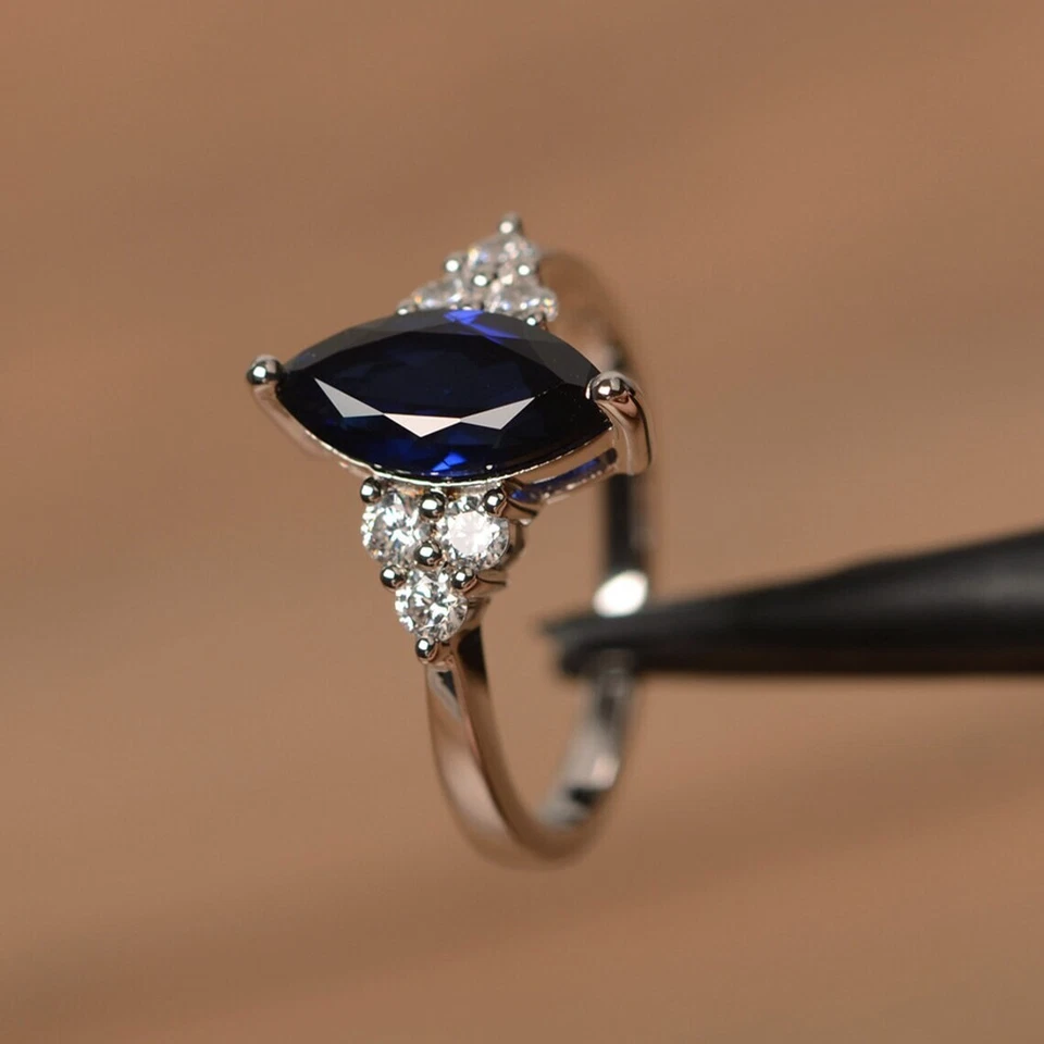 Lab Created Blue Sapphire Marquise Cut 925 Sterling Silver Women Dainty Ring - Image 3 of 4