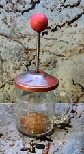 Vintage Hazel Atlas Glass Measuring Cup Nut Chopper Red Ball Handle + Wood Disc