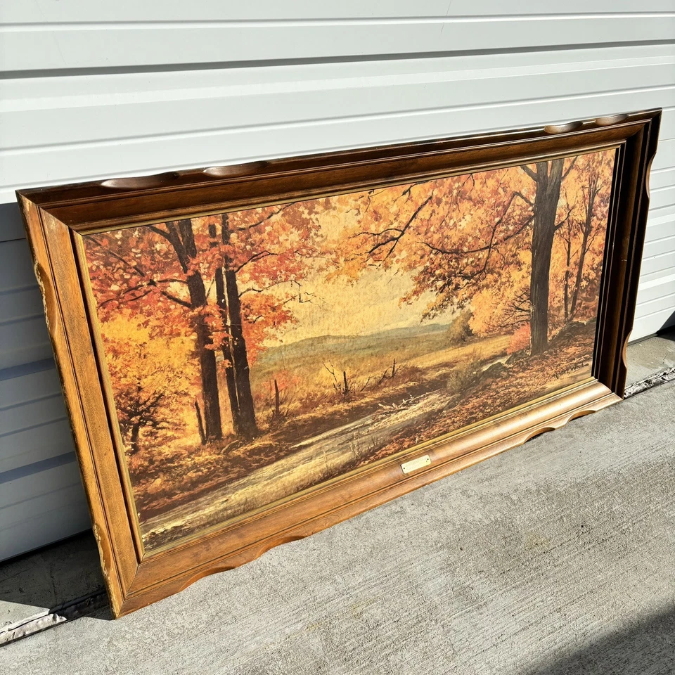 Vtg LARGE Robert Wood October Gold Picture on Gypsum? Wooden Frame Brass Plate - Image 2 of 4