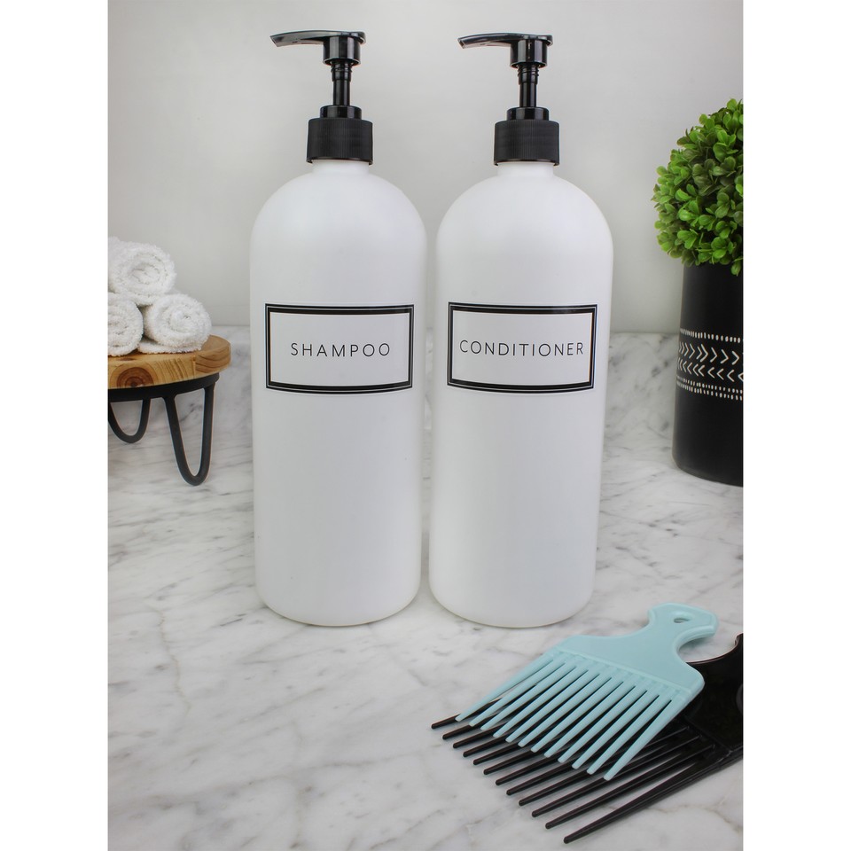 White Plastic Shower Pump Bottles Set of 3; 32oz for Shampoo, Body Wash