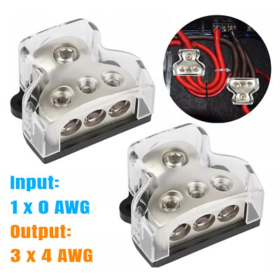 2X 3Way Distribution Block Audio Power Wire Splitter 1*0 Gauge in 3*4 Gauge Out