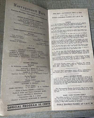 Vintage Narragansett Park Horse Racing Program Saturday October 4th, 1947 - Picture 3 of 7