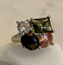 Multi Colored Adjustable CZ Rhinestone Silver-Tone Costume Cocktail Ring EUC