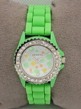 Ladies Geneva Trendy Silver Tone Paved Bezel Green Poly Band Analog Watch K2