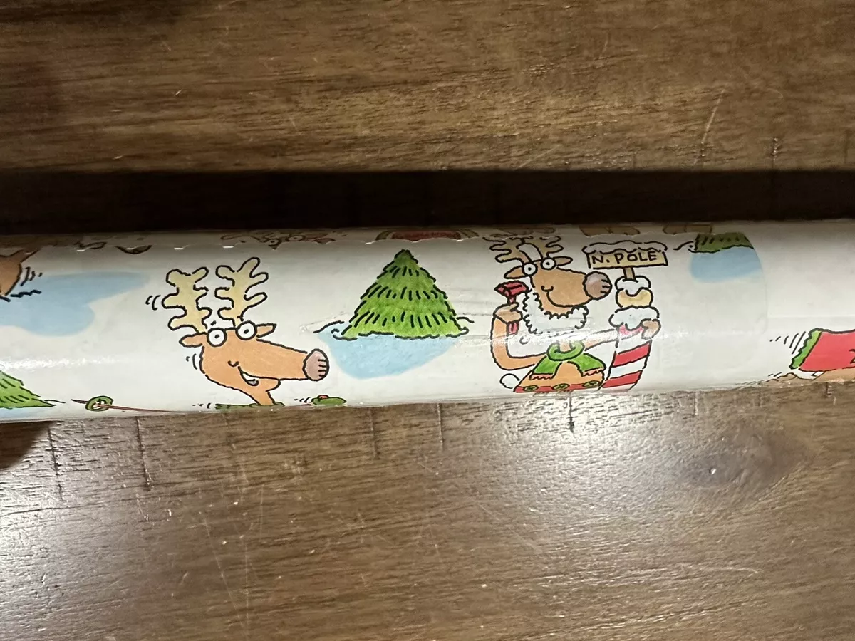 Vtg Christmas Wrapping Paper 23”x8' Current North Pole Merriment Reindeer  NOS