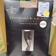 2 Pair Donna Karan NY Sheer Satin Toner Sheer Toe Hose Control Top Med Nude
