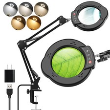 10X Magnifying Glass with Light and Clamp Real Glass Lens 5 Color Modes Dimma...