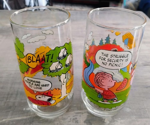 2 Vintage 1980's McDonald's Camp Snoopy Peanuts Glasses - Morning & Struggle