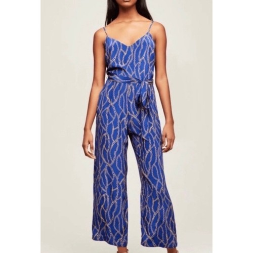 L'Agence Sz 6 Jackie Blue Chain Patterned Silk Jumpsuit Belted Summer Pockets
