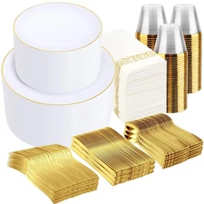 700PCS Gold Plastic Dinnerware Set - Includes 100 White and Gold Plates Dispo...