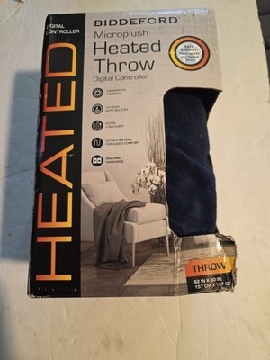 BIDDEFORD Microplush Heated Throw Electric Blanket Digital Controller Navy Blue