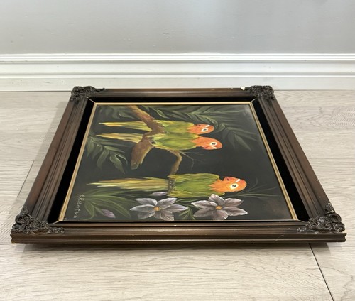 Quadro olio su tela vintage 1986 grande incorniciato ornato "Lovebirds" da appendere al muro - Foto 6 di 11